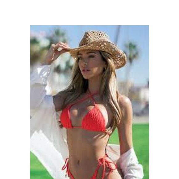 LULI FAMA Diamond Girl Triangle Halter Bikini Top Size Large L Haute Red - Picture 1 of 7